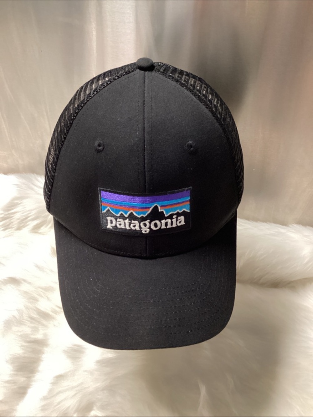 Patagonia Black Trucker Hat with Purple & Blue Logo